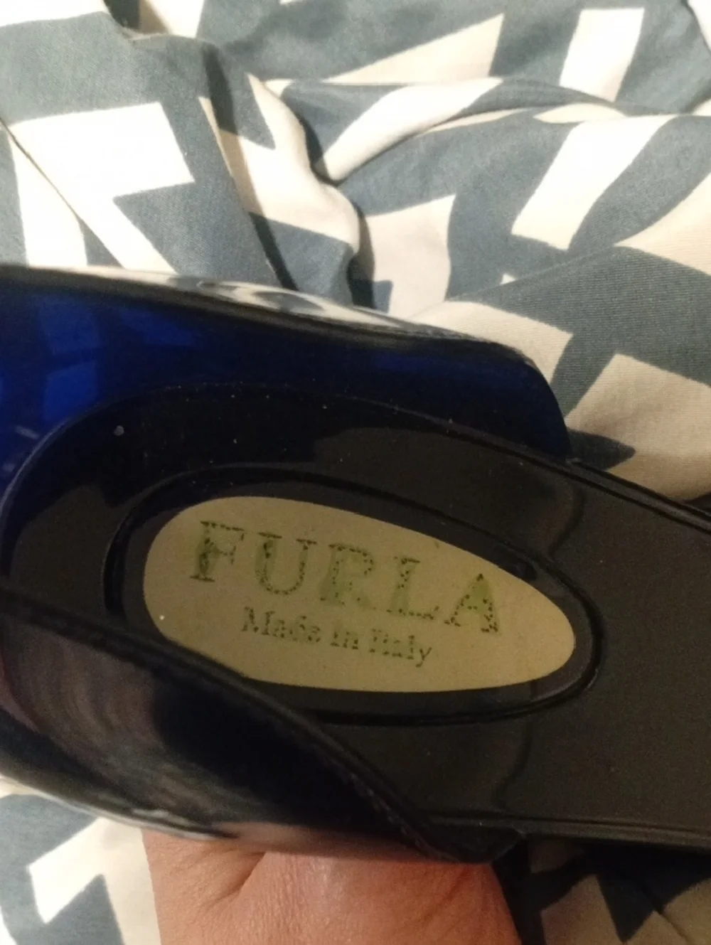Furla Black Patent Peep-Toe Heels with Cream Bow Accent - Picture 2 of 2